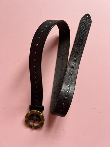 Deep brown leather belt with solid brass buckle