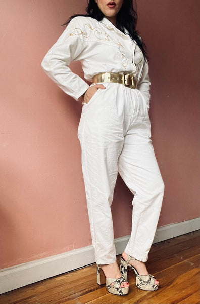 80s White + Gold cotton jumpsuit - The Nightshift