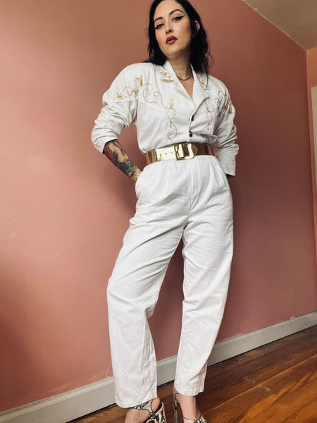 80s White + Gold cotton jumpsuit - The Nightshift