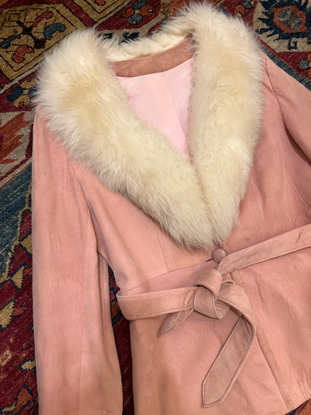 70s Baby Pink Suede Shearling Jacket