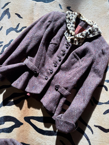 1940s Leopard Trim Cocoa Tweed skirt suit