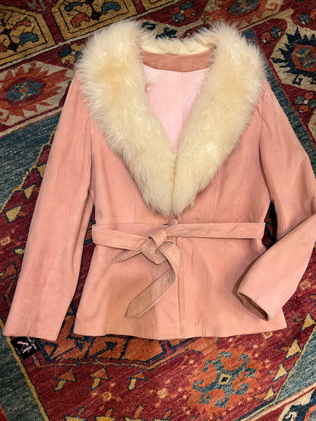 70s Baby Pink Suede Shearling Jacket