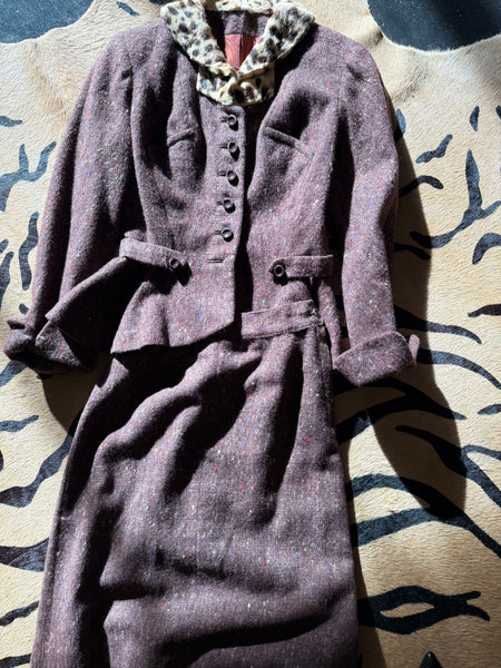 1940s Leopard Trim Cocoa Tweed skirt suit