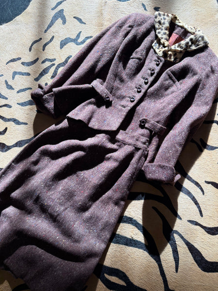 1940s Leopard Trim Cocoa Tweed skirt suit