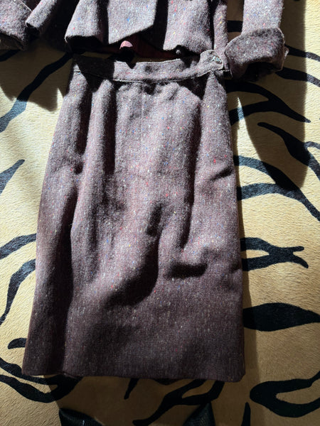 1940s Leopard Trim Cocoa Tweed skirt suit