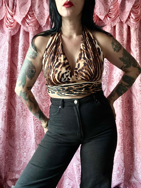 70s abstract leopard halter top