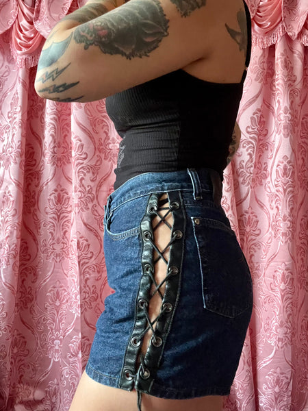 Harley Denim + Leather Lace up hot shorts