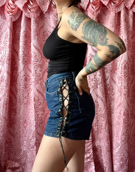 Harley Denim + Leather Lace up hot shorts