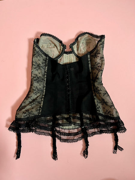 80s Corset sheer /black lace with garters