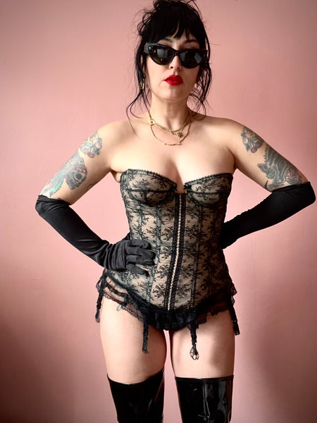 80s Corset sheer /black lace with garters